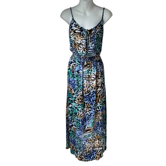 Y2K Blousy Summer Maxi Dress Womens 8-10 Animal Print Blue Green Long Casual SEE - Picture 1 of 14